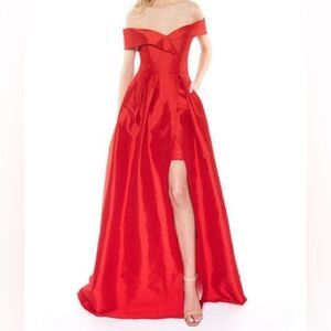 Red Ball Gown Prom Dress Off The Shoulder With z Pockets Long Prom Dress